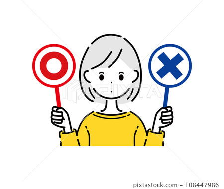 A woman holding 〇 and × tags 108447986