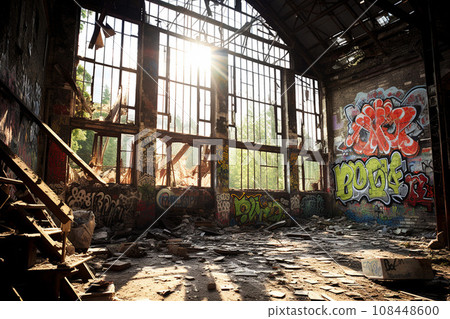 Large factory ruins with graffiti on the walls: AI-generated image 108448600