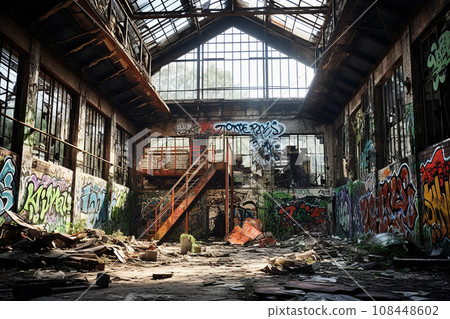 Large factory ruins with graffiti on the walls: AI-generated image 108448602