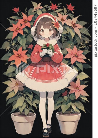 Girl in Santa coat with poinsettia 108448697