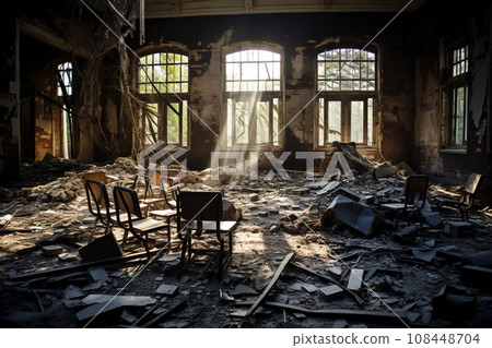 Remains of classrooms in the ruins of an elementary school: AI-generated image 108448704