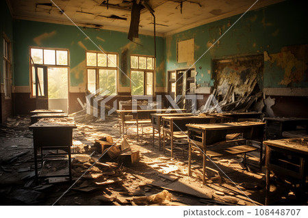 Remains of classrooms in the ruins of an elementary school: AI-generated image 108448707