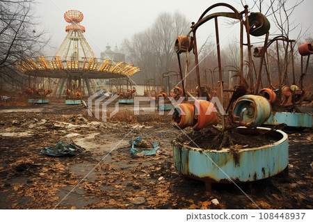 Facilities remaining at the ruins of a closed amusement park: AI-generated image 108448937