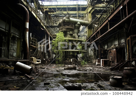 Ruins of a factory with huge plant equipment: AI-generated image 108448942