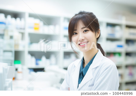 Smiling female pharmacist working at a drugstore: AI-generated image 108448996