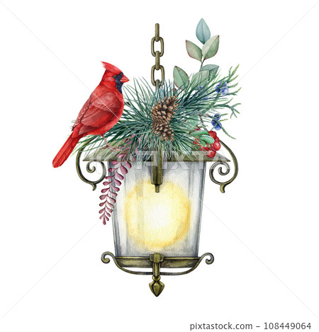 Red cardinal bird on a vintage style lantern winter decor. Winter festive cozy decoration. Watercolor painted illustration. Cardinal bird, vintage lamp, pine, eucalyptus branch. Winter decor element 108449064
