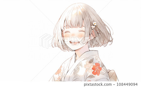 AI-generated image of a smiling woman wearing a kimono 108449094