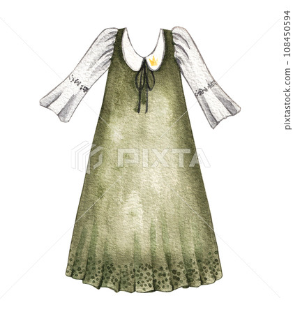 Watercolor baby green dress on a white background Watercolor baby green dress on a white background 108450594