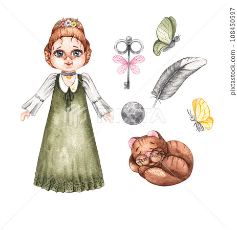 Watercolor paper doll and accessories 108450597