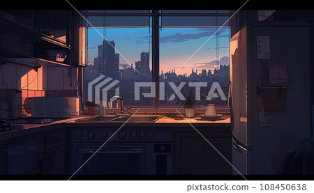 AI-generated image of a kitchen overlooking the city 108450638