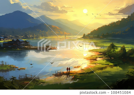 Stunning landscape painting by Ivan Camille Corot vibrant grassy fields Generative AI Stunning landscape painting by Ivan Camille Corot vibrant grassy fields Generative AI 108451084