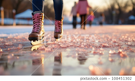 Woman ice skating on frozen lake. Winter sport and active lifestyle. Woman ice skating on frozen lake. Winter sport and active lifestyle. 108451302