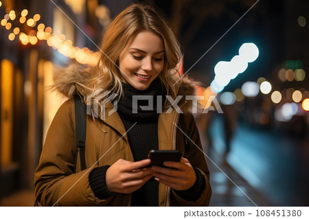 Night city scene, woman using mobile app on the phone under neon lights of street Night city scene, woman using mobile app on the phone under neon lights of street 108451380