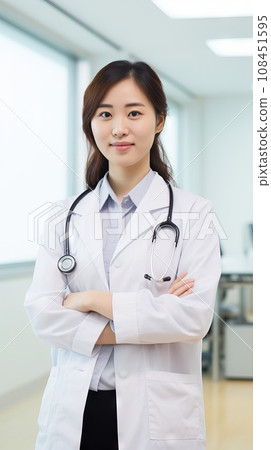 A female doctor from China, standing in a bright examination room 108451595