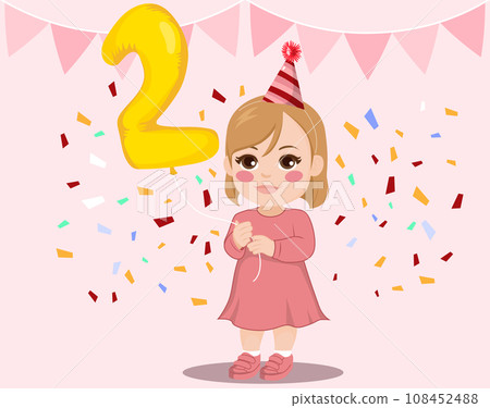 Baby Girl Holding Nnumber Two Balloon 108452488