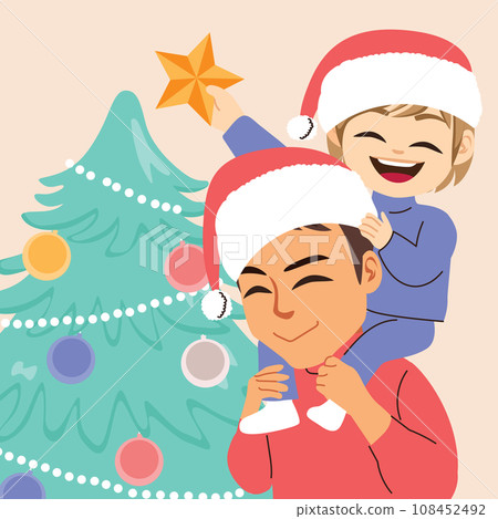 Father And Son Decorating Christmas Tree Drawing 108452492