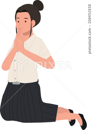 sitting smiling Thai University Student in uniform is Sawasdee, Wai Greeting sitting smiling Thai University Student in uniform is Sawasdee, Wai Greeting 108452838