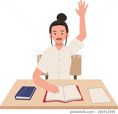 Thai University Student in Uniform Raises Hand for Question. Thai University Student in Uniform Raises Hand for Question. 108452895