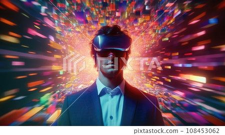 Businessman wearing virtual reality with digital data transfer buzzy software 108453062