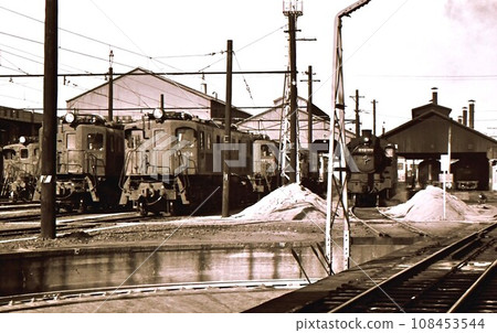 1968 Steam locomotive C58 and old electric locomotive Hachioji locomotive district Tokyo 108453544