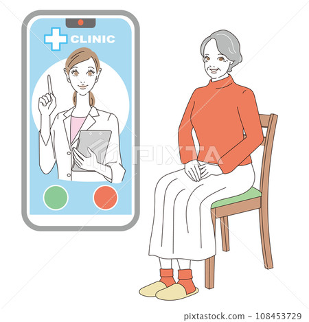 Senior woman receiving online medical treatment on smartphone 108453729