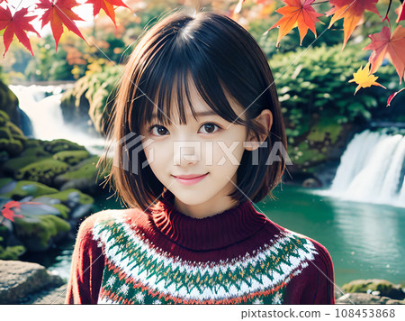 AI image Fall foliage waterfall and smiling young woman AI image Fall foliage waterfall and smiling young woman 108453868