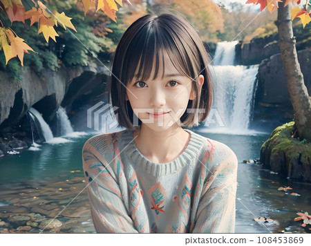 AI image Fall foliage waterfall and smiling young woman AI image Fall foliage waterfall and smiling young woman 108453869