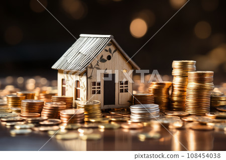 3D house surrounded by golden coins. Wealth and prosperity concept. Copy space 108454038