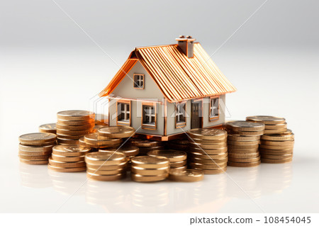 3D house surrounded by golden coins. Wealth and prosperity concept. Copy space 108454045