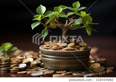 A tree growing on a pile of gold coins. Wealth... - Stock Illustration ...