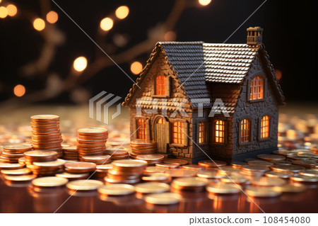 3D house surrounded by golden coins. Wealth and prosperity concept. 3D house surrounded by golden coins. Wealth and prosperity concept. 108454080