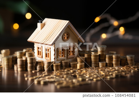 3D house surrounded by golden coins. Wealth and prosperity concept. 3D house surrounded by golden coins. Wealth and prosperity concept. 108454081