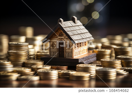 3D house surrounded by golden coins. Wealth and prosperity concept. 3D house surrounded by golden coins. Wealth and prosperity concept. 108454082