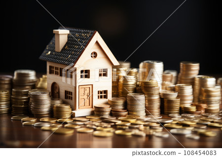 3D house surrounded by golden coins. Wealth and prosperity concept. 3D house surrounded by golden coins. Wealth and prosperity concept. 108454083