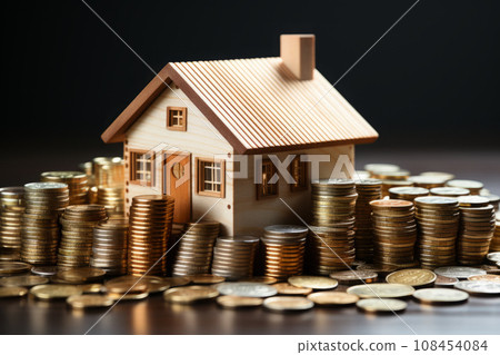 3D house surrounded by golden coins. Wealth and prosperity concept. 3D house surrounded by golden coins. Wealth and prosperity concept. 108454084