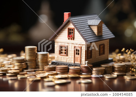 3D house surrounded by golden coins. Wealth and prosperity concept. 3D house surrounded by golden coins. Wealth and prosperity concept. 108454085