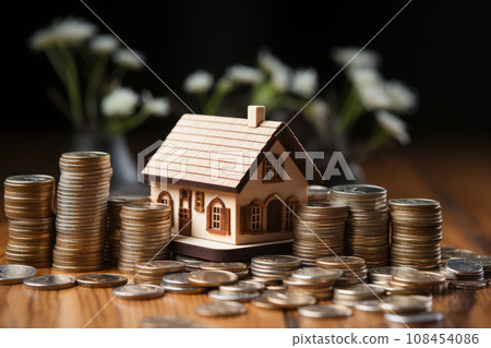 3D house surrounded by golden coins. Wealth and prosperity concept. 3D house surrounded by golden coins. Wealth and prosperity concept. 108454086