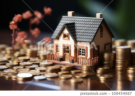 3D house surrounded by golden coins. Wealth and prosperity concept. 3D house surrounded by golden coins. Wealth and prosperity concept. 108454087
