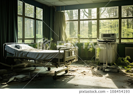 Remains of hospital rooms in the ruins of a hospital: AI-generated image 108454193