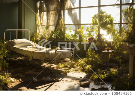 Remains of hospital rooms in the ruins of a hospital: AI-generated image 108454195