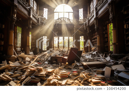 Ruins of a library with tons of books scattered: AI-generated image 108454200