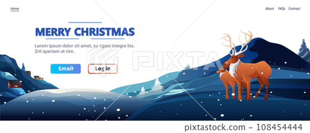 two reindeers standing on snowy mountain happy new year holiday celebration template landscape background copy space horizontal 108454444
