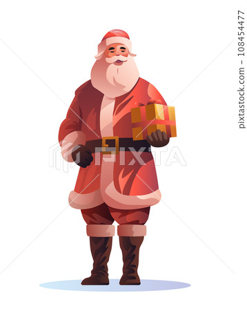 santa claus in red costume and hat holding gift box christmas eve holiday happy new year celebration template vertical santa claus in red costume and hat holding gift box christmas eve holiday happy new year celebration template vertical 108454477