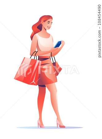 woman in fashion brands female character holding shopping bags and using cellphone season big sale special offer promotion discount 108454490