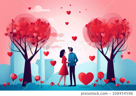 Romantic couple with red hearts and tree in the... - Stock Illustration ...
