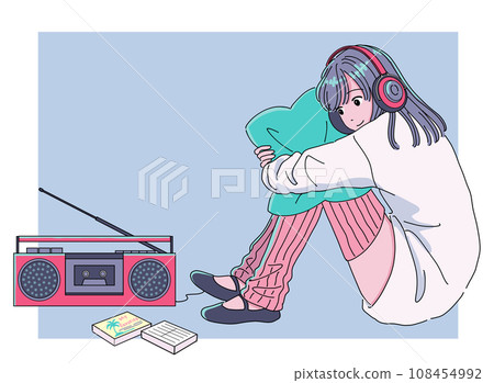 一個女孩在收音機上聽著卡帶上的音樂 108454992