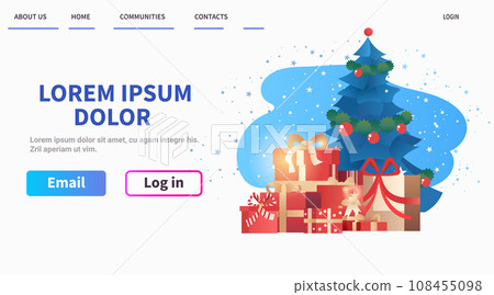 christmas eve holiday happy new year celebration template decorated fir tree with wrapped gift boxes horizontal 108455098