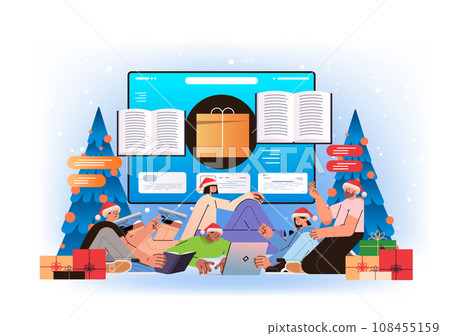 reporters or journalists in santa hats reading news on laptop screen literature review generation news summarization new year holidays celebration concept 108455159