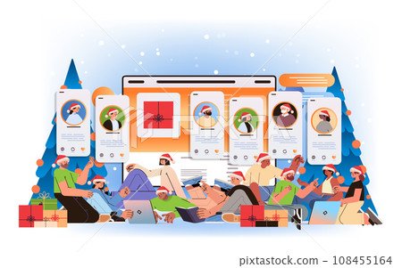 mix race people in santa claus hats chatting in social media app digital communication concept new year holidays celebration 108455164