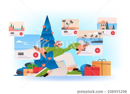 woman tourist in santa hat use augmented or virtual reality exploring destination headset technology innovation happy new year concept 108455206
